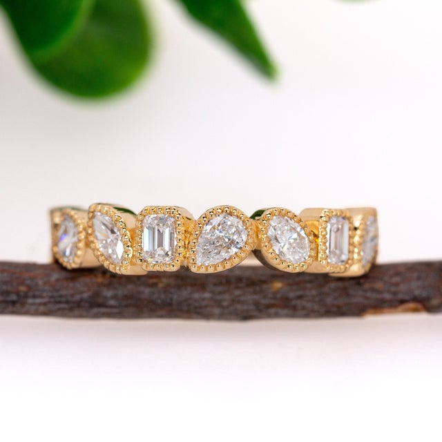 Art Deco Lab Diamond Band With Milgrain Details in Solid 14k Yellow Gold | Mixed Shapes, Size 6.75 For Sale - Image 3 of 6