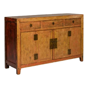 Qing Dynasty Painted Sideboard with Distressed Patina, Three Drawers, Two Doors