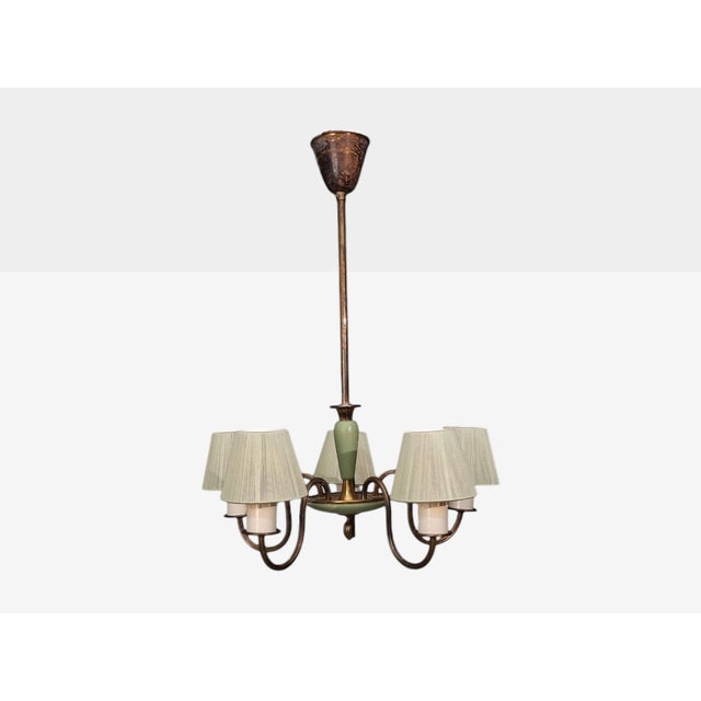 1950s Nordiska Kompaniet, Chandelier, Green Lacquered Wood, Brass For Sale - Image 4 of 13