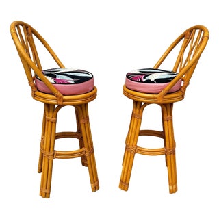 1950s Restored 3-Strand Arch Base Rattan Bar Stools W/ Woven Backrest, Pair For Sale