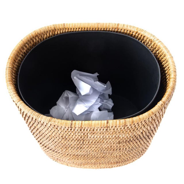 Boho Chic Artifacts Rattan Oval Waste Basket with Metal Liner in Honey Brown - 11" For Sale - Image 3 of 8