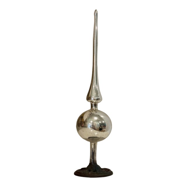Antique Blown Mercury Glass Christmas Tree Topper With Metal Stand For Sale