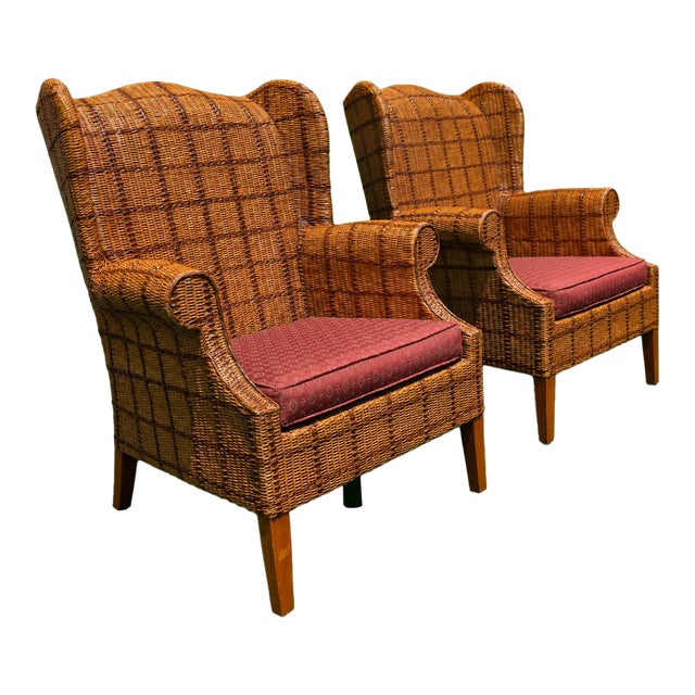 Late 20th Century Pair of Palecek Woven Rattan Wingback Lounge Chairs With Rolled Arms For Sale