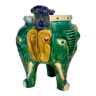 Vintage Sancai Glazed Ceramic Elephant Planter For Sale