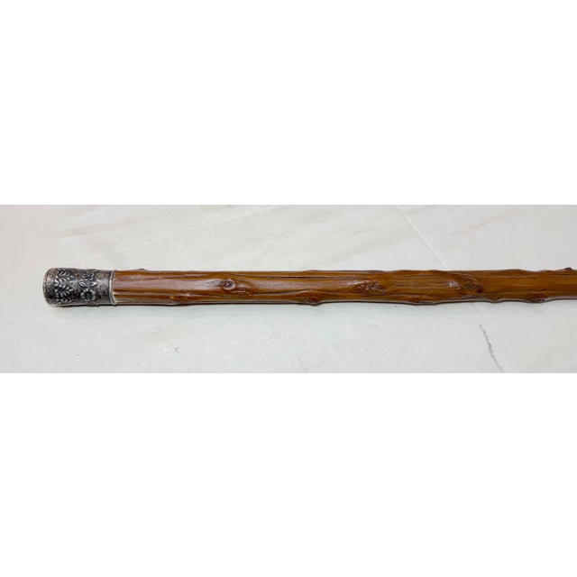 Wood Antique 19th Century Tooled Sterling Silver Natural Wood Walking Stick Cane For Sale - Image 7 of 14