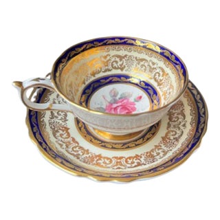 1950s Paragon Tea Cup & Saucer Cobalt Blue & Floral Gold Gilt Teacup Set, England- 2 Pieces For Sale