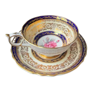 1950s Paragon Tea Cup & Saucer Cobalt Blue & Floral Gold Gilt Teacup Set, England- 2 Pieces