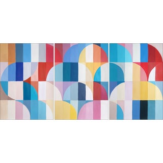 2028, Vivid Blossoming Arcs, Large Bauhaus Triptych Painting, Abstract Geometry, Primary Tones, Acrylic Painting on Watercolor Paper by Natalia Roman For Sale