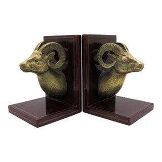 Brass & Wood Bookends, a Pair For Sale
