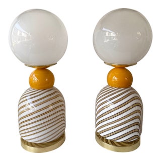 Contemporary Pair of Brass and Berlingo Stripe Murano Glass Lamps, Italy For Sale