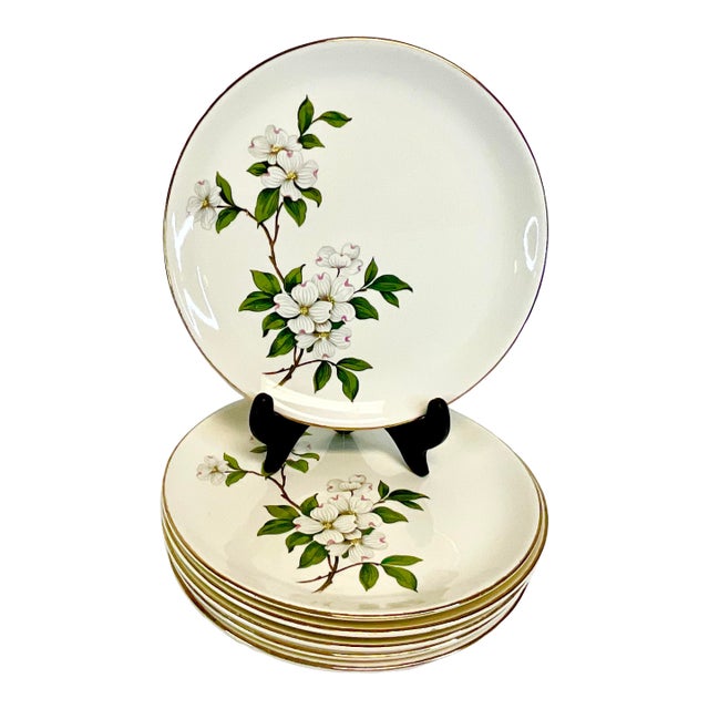 1950s Vintage Coastal Boho Chic Dogwood Luncheon or Salad Plates - Set of 6. For Sale