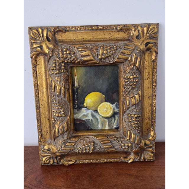 Gold Late 20th Century Gilt Grape Motif Frame With Original Oil Painting, Lemon Still Life Art, Ornate Gold Frame, Cottage Decor For Sale - Image 8 of 13