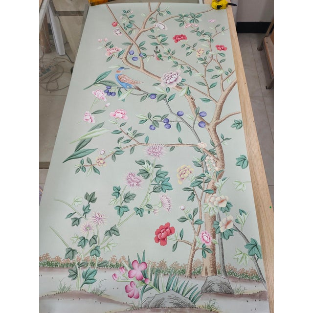 Custom Hand-Painted Chinoiserie Mural | Mint Green Floral Bird Wallpaper | Luxury Handcrafted Wall Covering For Sale - Image 4 of 4