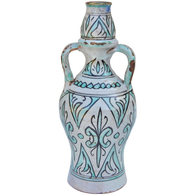 Delightful one-of-a-kind antique Moroccan vase and centerpiece, meticulously handcrafted and glazed in a playful sleek...