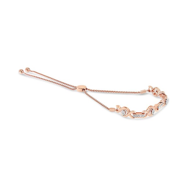 Contemporary 14K Rose Gold Plated .925 Sterling Silver Channel Set Diamond Accent Twist 4”-10” Adjustable Bolo Bracelet (I-J Color, I3 Clarity) For Sale - Image 3 of 6