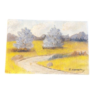 Vintage MCM Impressionist Landscape Oil Painting – Blossoming Trees & Yellow Meadow, Signed A. Novotny, 5x7 For Sale