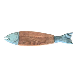 Vintage Mid-Century Teak & Pewter Salmon Cutting Board For Sale