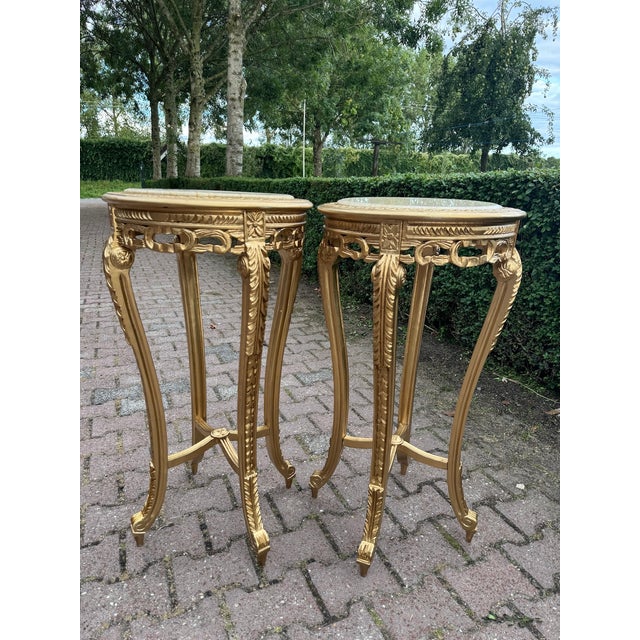 1970s French Louis XVI Gold Beech Marble Side Tables- Pair For Sale - Image 6 of 14