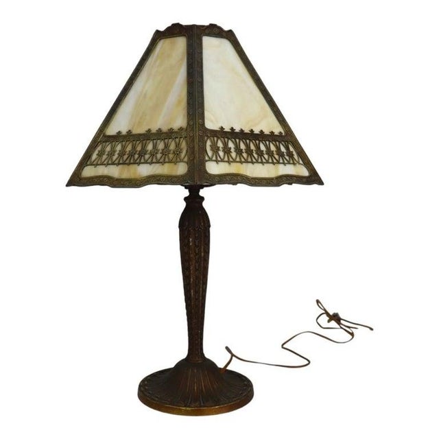 Glass Bradley & Hubbard Arts & Crafts 6 Panel Slag Glass Table Lamp C1920 For Sale - Image 7 of 9