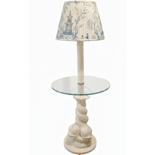 A wonderful Vintage Koi or dolphin double fish, floor glass table lamp. The lamp features double twisted plaster koi or...