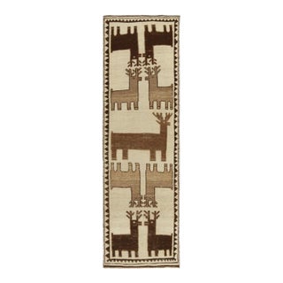 1950s Vintage Tribal Runner in Beige & Brown Deer Pictorial Patterns For Sale