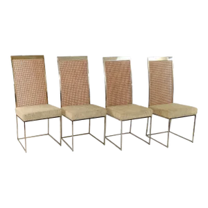 Set of Four Milo Baughman for Thayer Coggins Brass and Cane High Back Dining Chairs