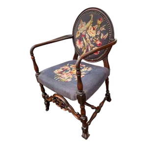 19th Century Antique Flemish Style Mahogany Needlepoint Seat Open Armchair