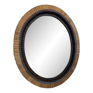 Vintage Magnussen “Presidential” Round Wall Mirror – Sculptural Wood & Mosaic Frame For Sale