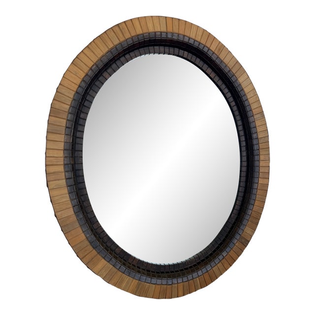 Vintage Magnussen “Presidential” Round Wall Mirror – Sculptural Wood & Mosaic Frame For Sale