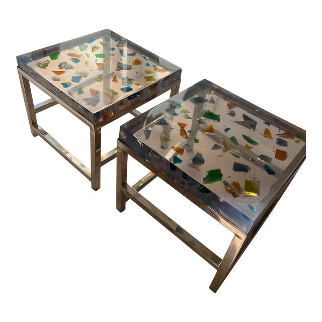 1970s French Resin and Chrome Side Tables, Pair For Sale