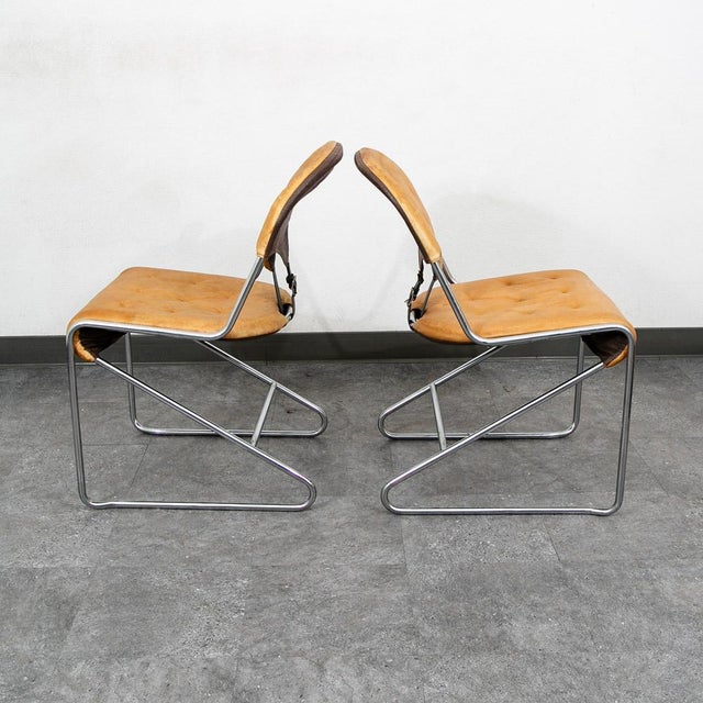 1960s Mid Century Danish Modern Dining Chairs Set 5 Tan Leather Attributed to Sam Larsson Dux Metal For Sale - Image 4 of 12