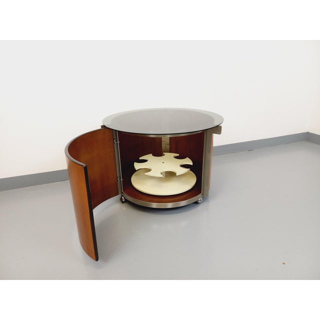 Tan Vintage Italian Round Coffee Table with Swivel Bar on Casters in Curved Teak, Cast Aluminum and Smoked Glass by Eugenio Gerli for Tecno, 1960s For Sale - Image 8 of 18