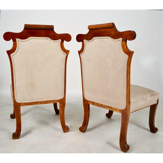 Traditional Pair Unusual Inlaid Edwardian/Neoclassical Style Slipper Chairs For Sale - Image 3 of 10
