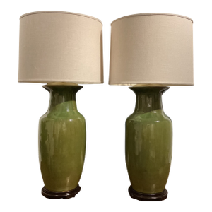Late 20th Century Hollywood Regency Monumental Olive Green Ceramic Lamps With Satin Brass Hardware and Linen Drum Shades - a Pair