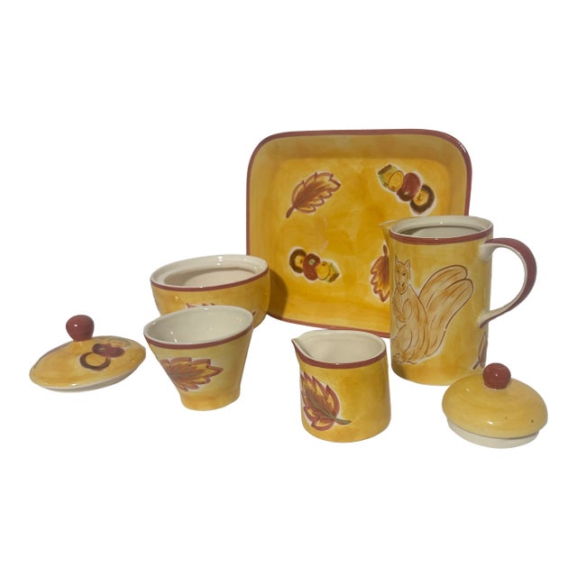 April Cornell “Squirrel Fall Leaves” Ceramic Tea Set - Set of 5 For Sale