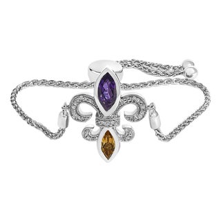.925 Sterling Silver Marquise Purple Amethyst, Orange Citrine, and Diamond Accent Lariat 4”-10” Fleur De Lis Adjustable Bolo Bracelet For Sale