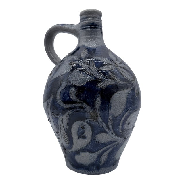 Antique German Westerwald Blue Incised Stoneware Jug, Circa 19th Century For Sale