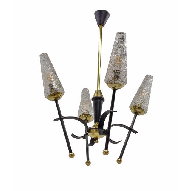 French 4-Light Chandelier in Black Metal and Brass, 1960s For Sale - Image 4 of 9