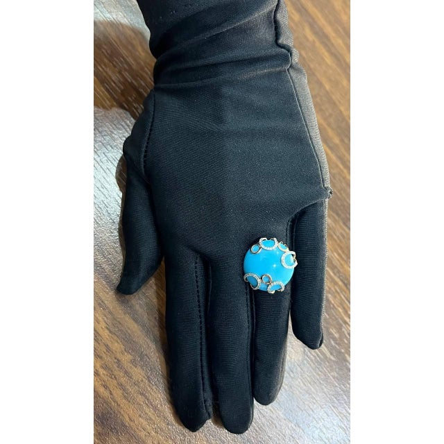 Metal Round Blue Teal Turquoise Diamond Swirl Scroll 14k Yellow Gold Cocktail Ring, Size 3 For Sale - Image 7 of 14