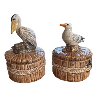 Vintage Coastal Ceramic Seabird Trinket Boxes Pelican & Seagull Nautical Decor For Sale