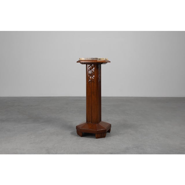Large Art Deco Oak and Marble Pedestal, France, 1920s For Sale - Image 11 of 11