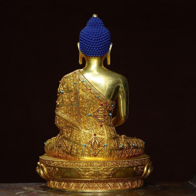 Late 19th Century Gilt Bronze Shakyamuni Buddha Statue With Stone Inlays, 2.97kg For Sale - Image 4 of 9