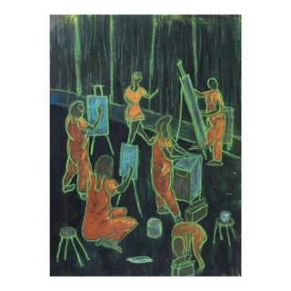 Vintage Late 20th Centjry Mixed Media Art Classroom Painting For Sale