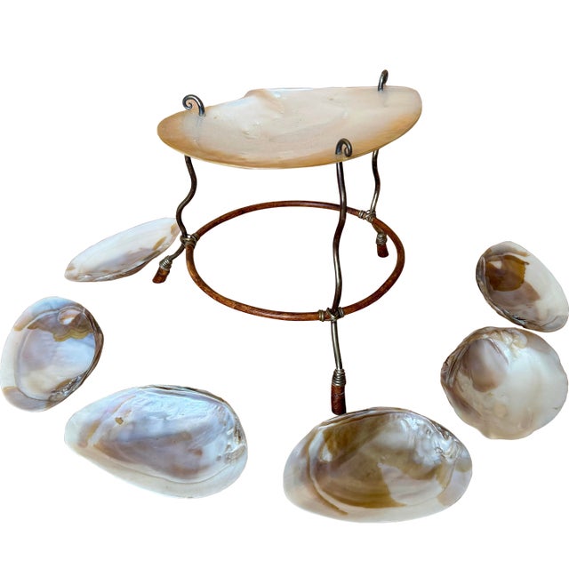 Mid 20th Century Bamboo Silver Clam Shell Mother of Pearl 7 Piece Caviar Set For Sale