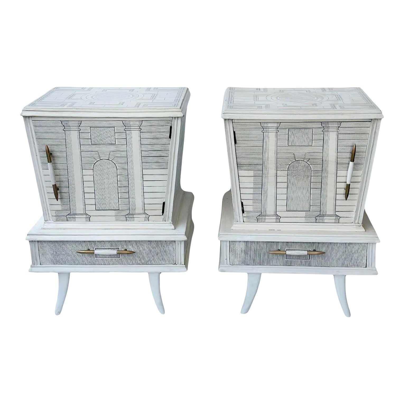 Pair of Italian Architectural Nightstands in the Style of Fornasetti, C