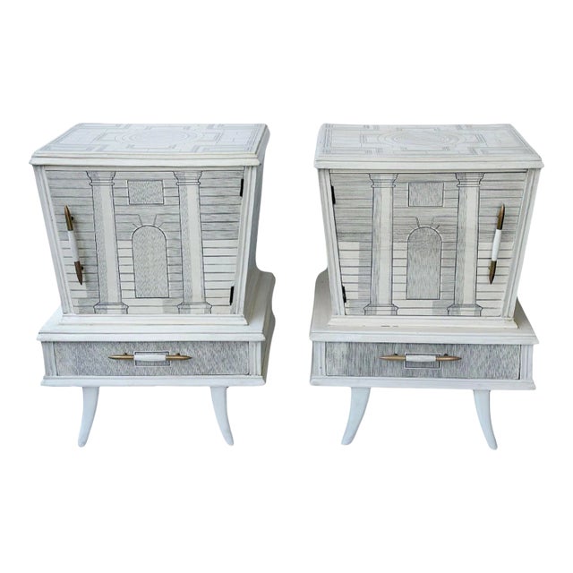 Pair of Italian Architectural Nightstands in the Style of Fornasetti, C. 1960s For Sale