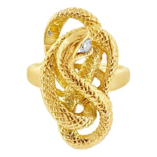 Vintage 18k Gold Coiling Serpent Snake Ring With Diamond, Size 7 For Sale