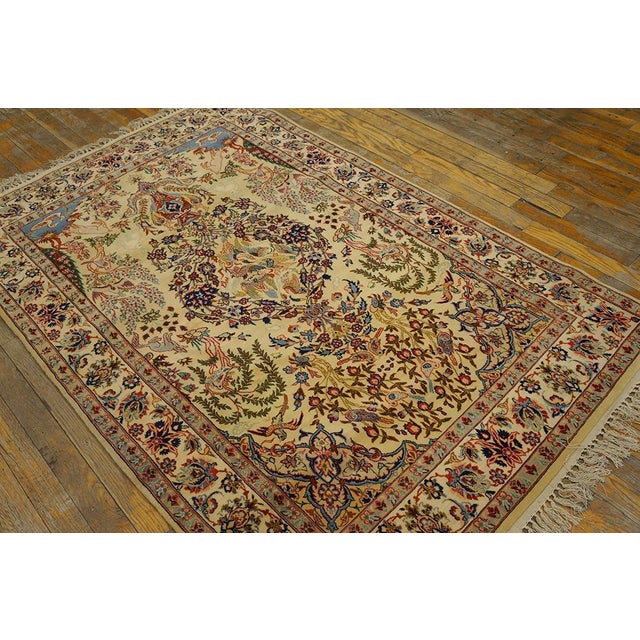 Persian 1940s Ivory Medallion Animals Antique Persian Isfahan Rug 3' 6'' X5' 6'' Handknotted Wool Carpet For Sale - Image 3 of 6