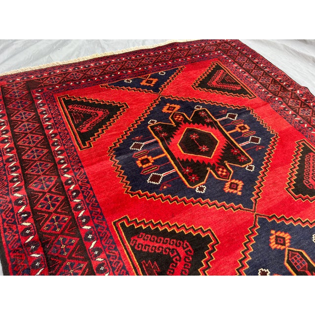 Islamic Vintage Afghan Baluchi Red Rug With Geometric Diamond Design and Soft Wool Pile Rug For Sale - Image 3 of 11