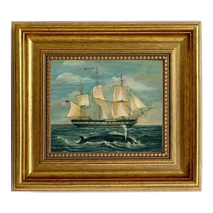 American Whaling Ship With Sperm Whale Print on Canvas, Gold Frame